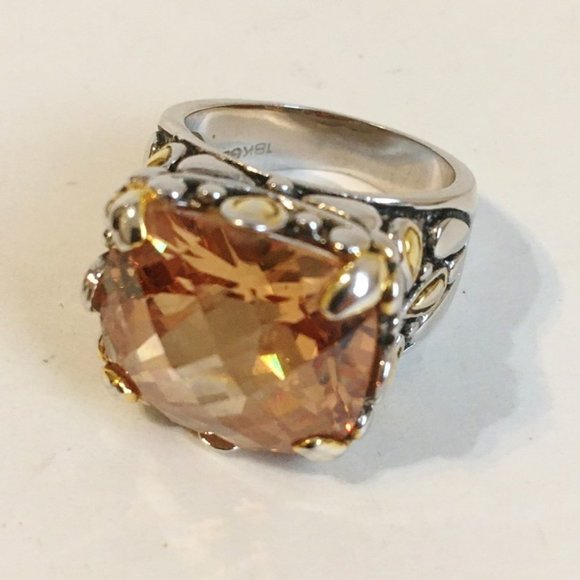 Amber Orange Stone Ring Ornate 18KGE Silver Gold - Picture 3 of 8